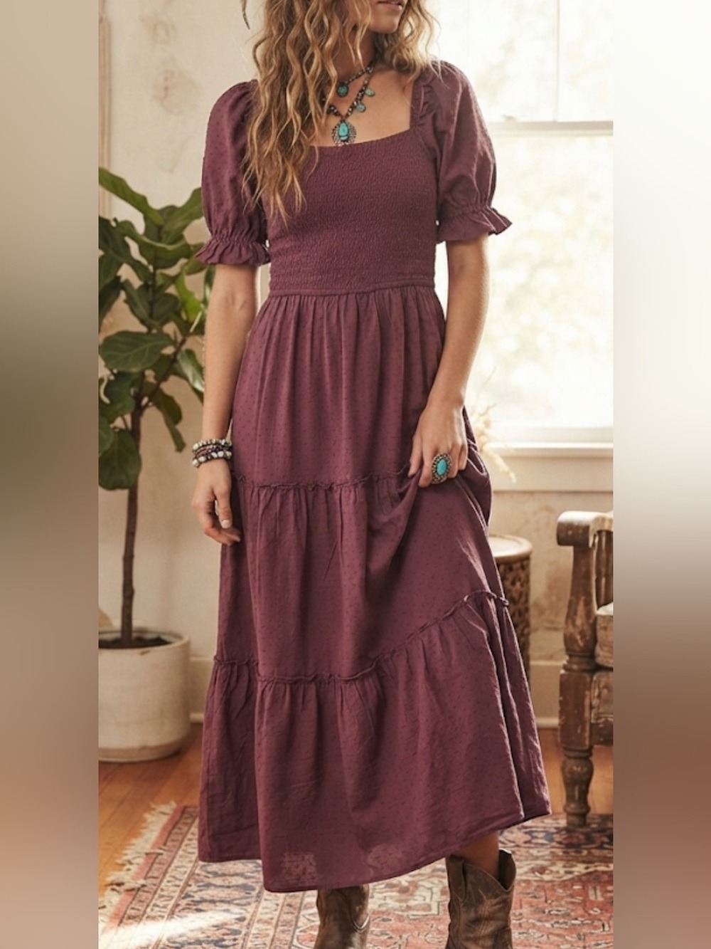 Dizzy Lizzy Swiss Dot Smocked Maxi Dress Boho Puff Sleeve New Small